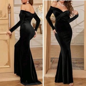 New Luxe Velvet Wrap Off Shoulder Formal Maxi Dress Black